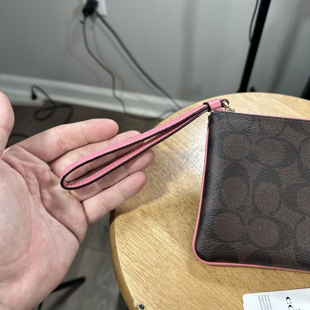 Coach Signature Canvas Khaki Brown Pink Large Corner Zip Wristlet F58695 - Picture 5 of 7